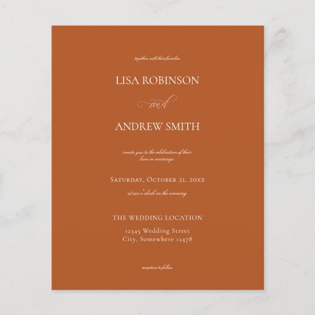 Budget Terracotta Orange Calligraphy Wedding Flyer (Front)