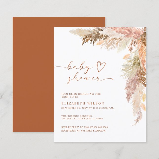 Budget Terracotta Pampas Grass Baby Shower Invite (Front/Back)