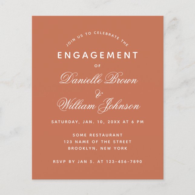 Budget Terracotta Script Engagement Invitation (Front)