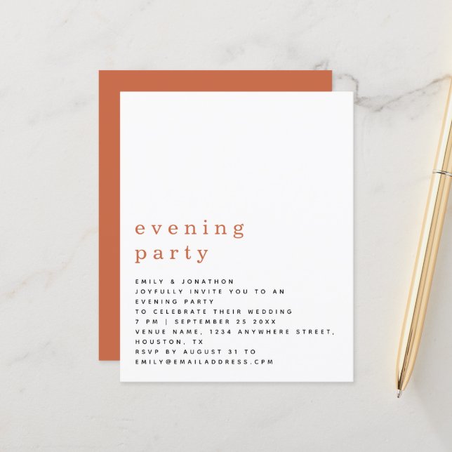 BUDGET Terracotta Wedding Evening Party Invite (Front/Back In Situ)
