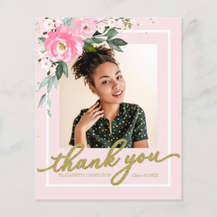 Budget Thank You Card Hot Pink Floral Grad Photo