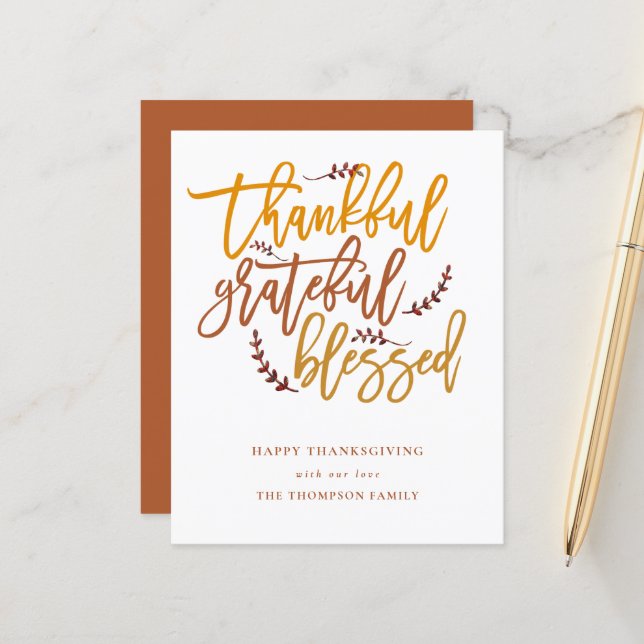 Budget Thankful Grateful Blessed Thanksgiving Card (Front/Back In Situ)