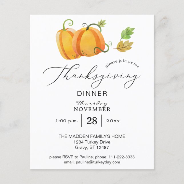 Budget Thanksgiving Duo Pumpkin Watercolor Dinner  Flyer (Front)