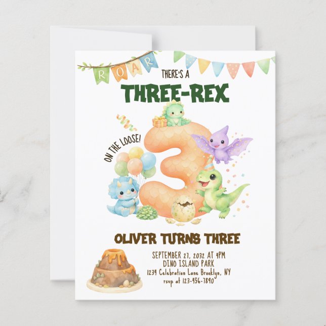 BUDGET Three-Rex Dinosaur Cute Dino 3rd Birthday (Front)