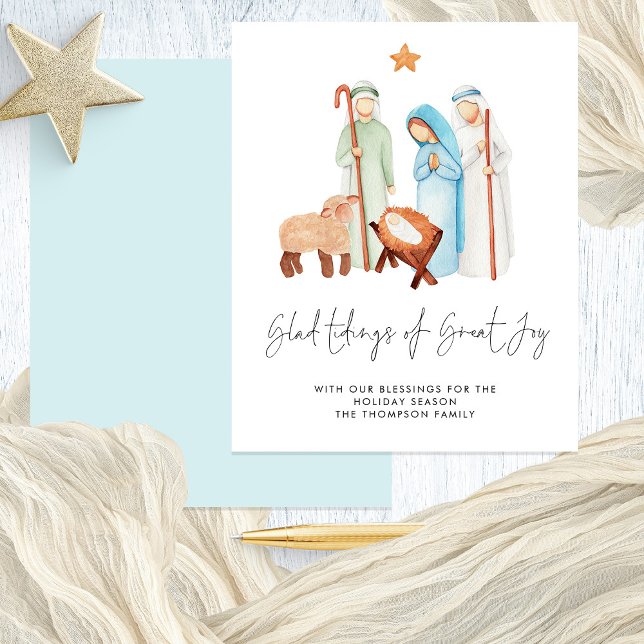 Budget Tidings Grande Joie Nativité Carte de vacan (Front and Back View Budget price 4.5 x 5.6" alternative)