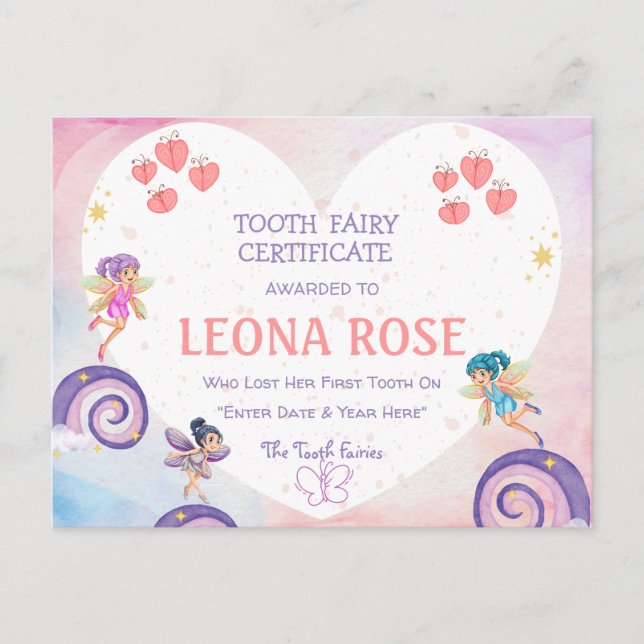Budget Tooth Fairy Certificate For a Girl Editable Postcard (Front)