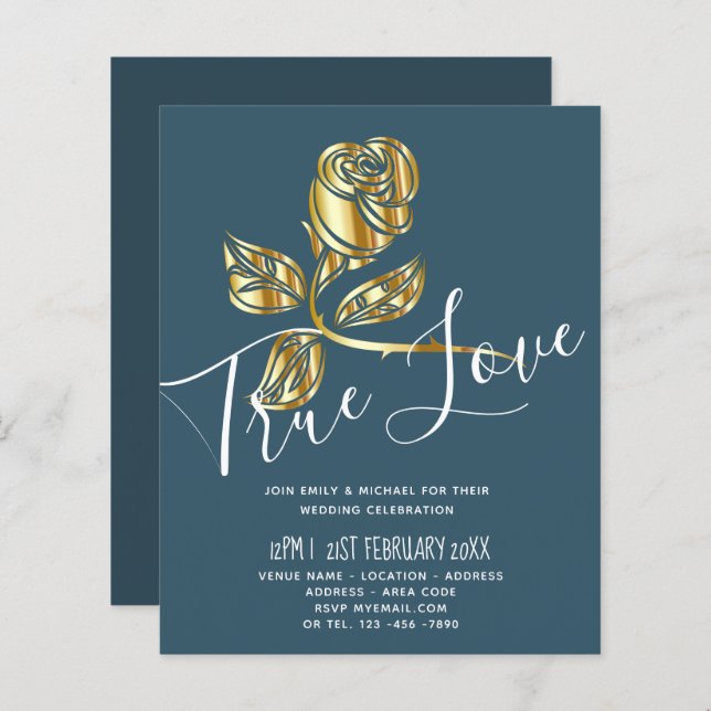 BUDGET Trending True Love Gold Rose Wedding Invite (Front/Back)