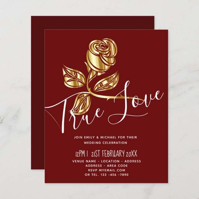 BUDGET Trending True Love Gold Rose Wedding Invite (Front/Back)