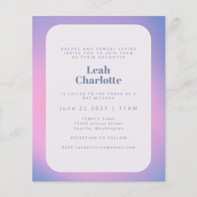 Budget Trendy Gradient Purple Bat Mitzvah Invite (Front)