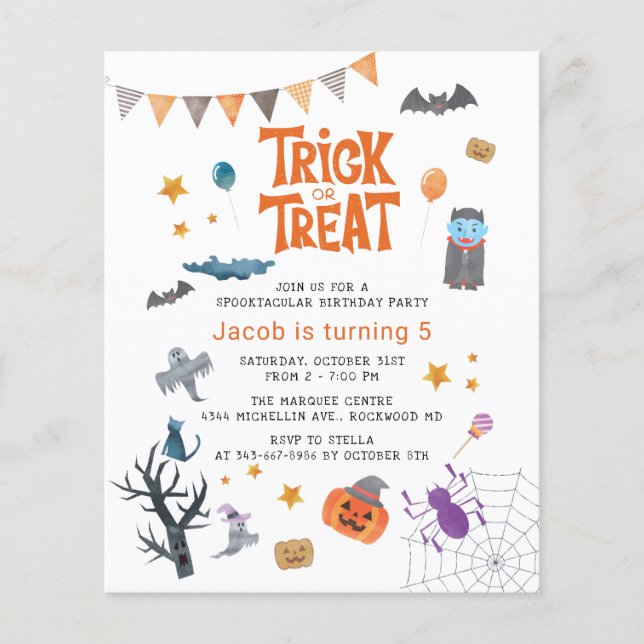 Budget Trick or Treat Halloween Birthday Party Flyer (Front)