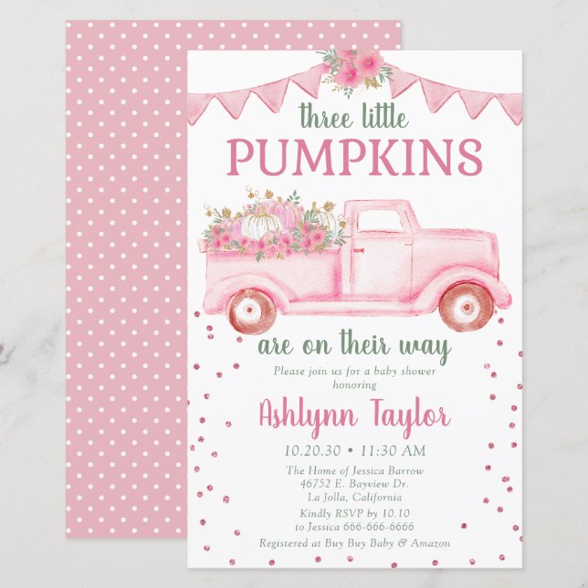Budget Triplets Pink Little Pumpkin Baby Shower (Front/Back)