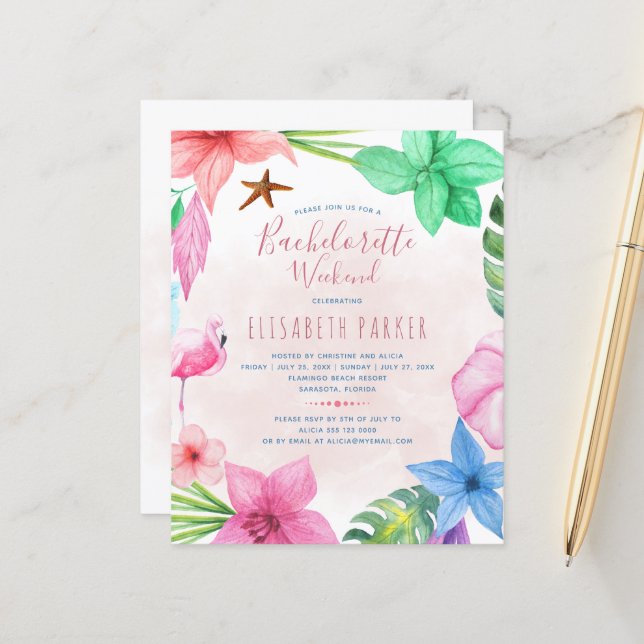 Budget tropical bachelorette party invitation (Front/Back In Situ)