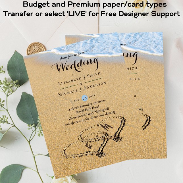 Budget Tropical Beach Hearts in Sand Wedding Invit (Creator Uploaded)
