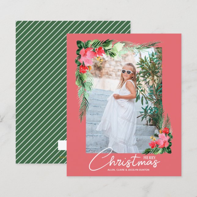 Budget Tropical Floral Christmas Photo Card (Front/Back)