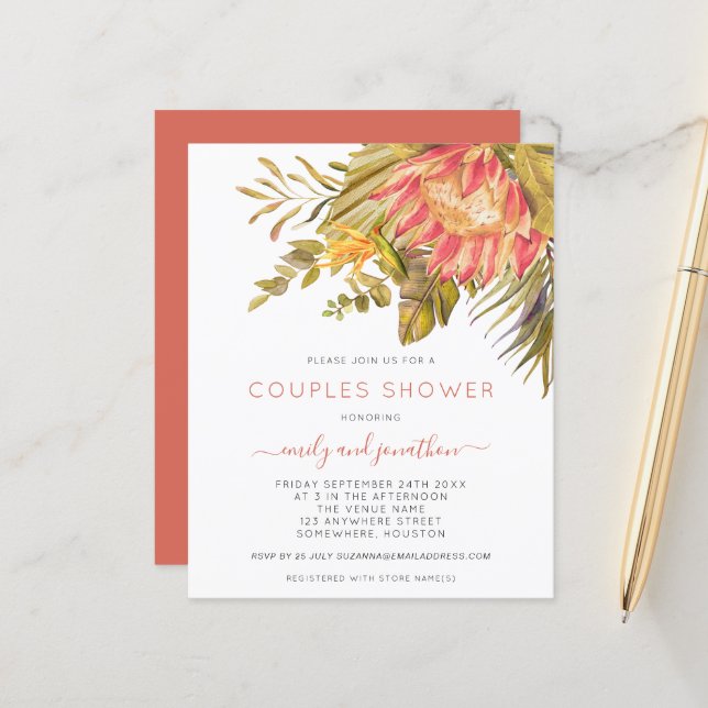Budget Tropical Foliage Couples Shower Invitation (Front/Back In Situ)