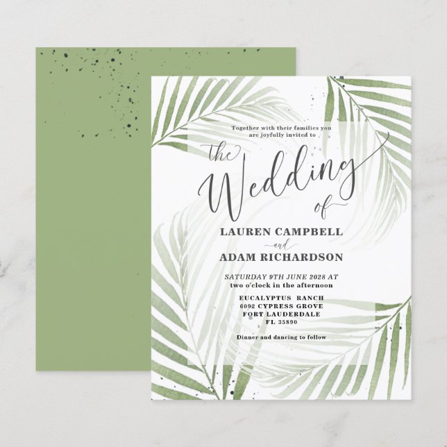 Budget Tropical Foliage Green Wedding Invitation (Front/Back)