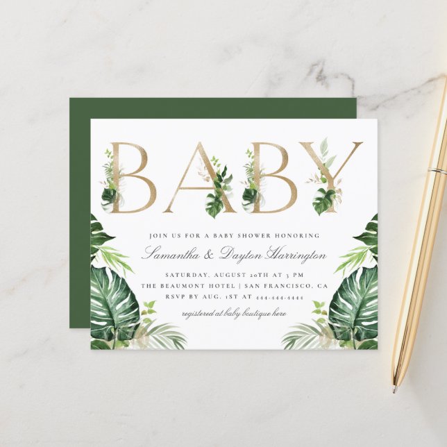 Budget Tropical Greenery Gold Letters Baby Shower (Front/Back In Situ)
