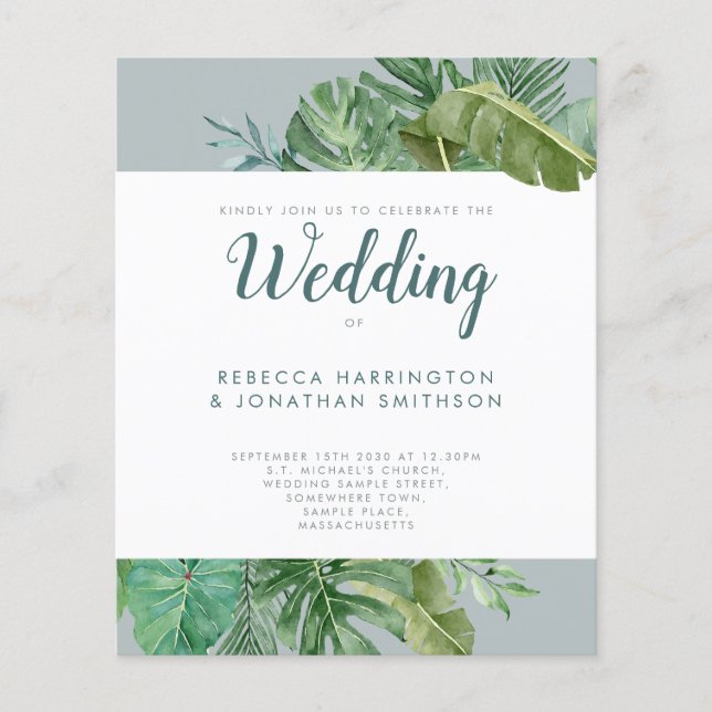 Budget Tropical Greenery Grey Wedding Invite (Front)