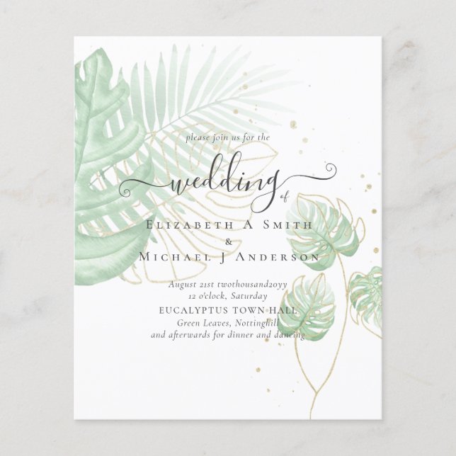 BUDGET  Tropical Island Palm Leaves Beach Wedding Flyer (Front)