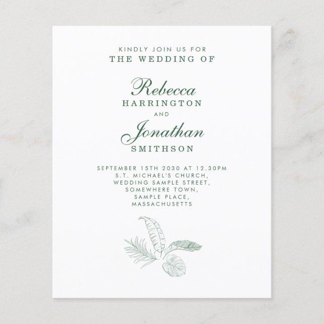Budget Tropical Leaf Green Paper Wedding Invite (Front)