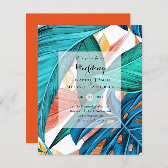 BUDGET Tropical Leaves Destination Wedding Invites (Front/Back)