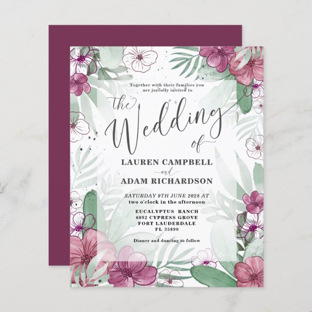 Budget Tropical Maroon & Green Wedding Invitation (Front/Back)