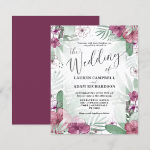 Budget Tropical Maroon & Green Wedding Invitation