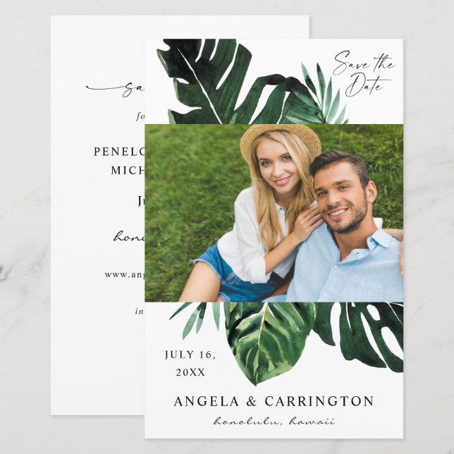 Budget Tropical Palm Leaf Photo Save the Date- MED (Front/Back)