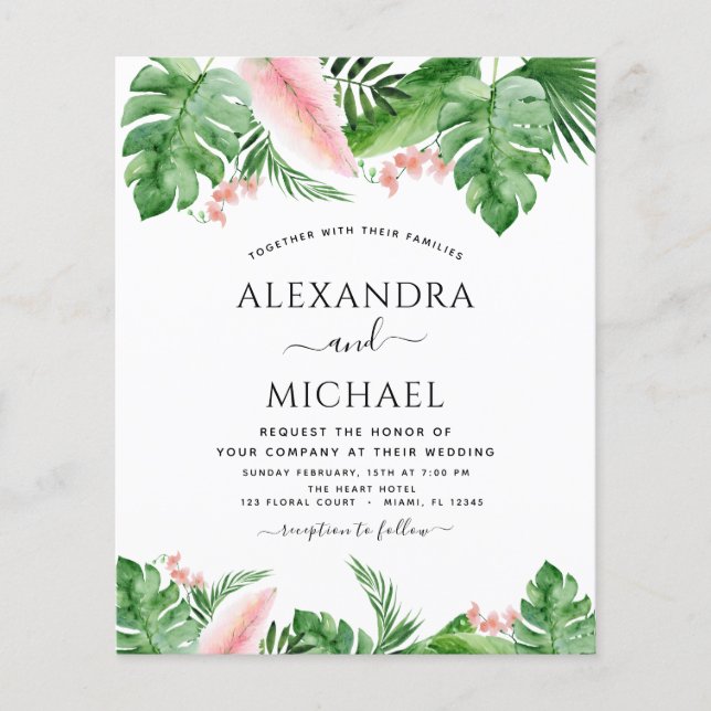 Budget Tropical Palm Photo Green Pink Wedding Flyer (Front)