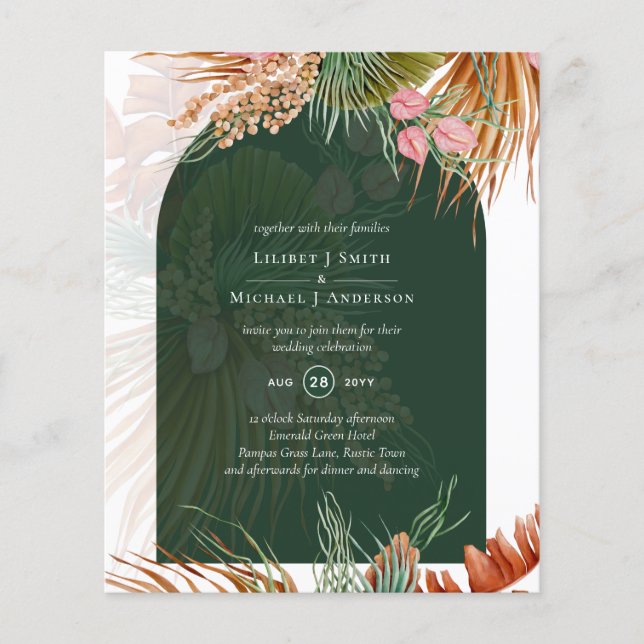 BUDGET Tropical Pampas Grass Green Wedding Flyer (Front)