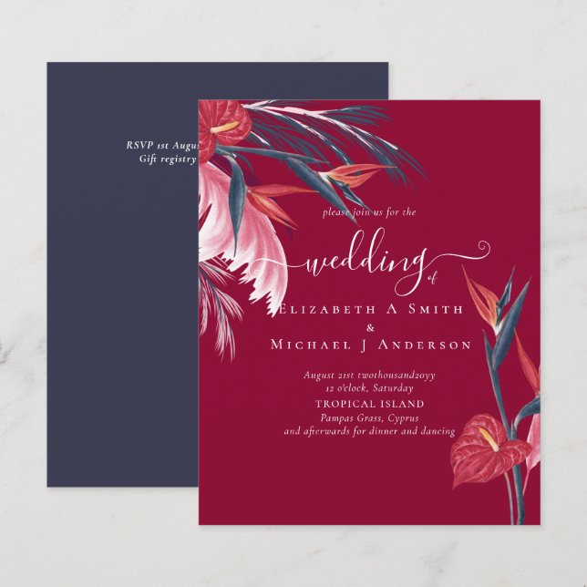 BUDGET  Tropical Pampas Grass Navy Berry Wedding (Front/Back)