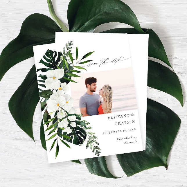 Budget Tropical White Floral Photo Save the Date (Creator Uploaded)