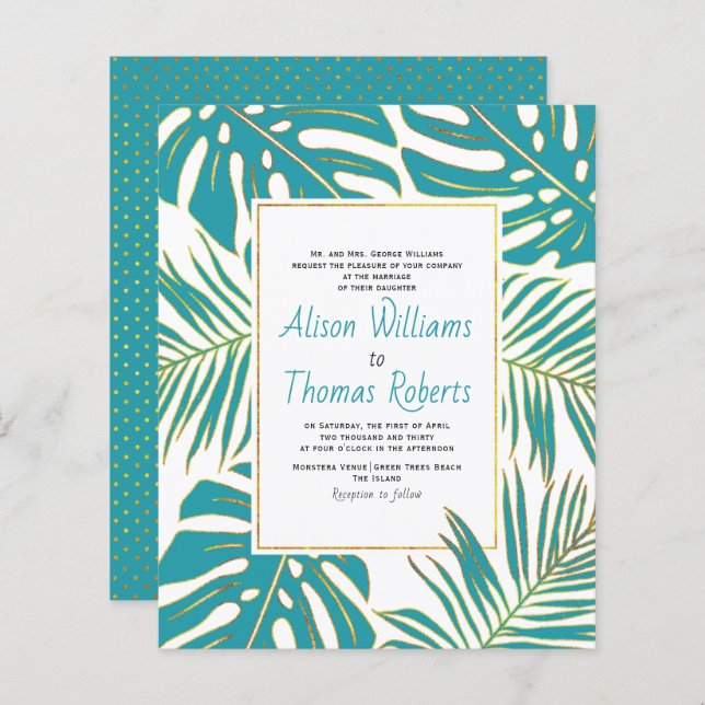 BUDGET turquoise feuilles tropicaux faire-part de  (Devant / Derrière)
