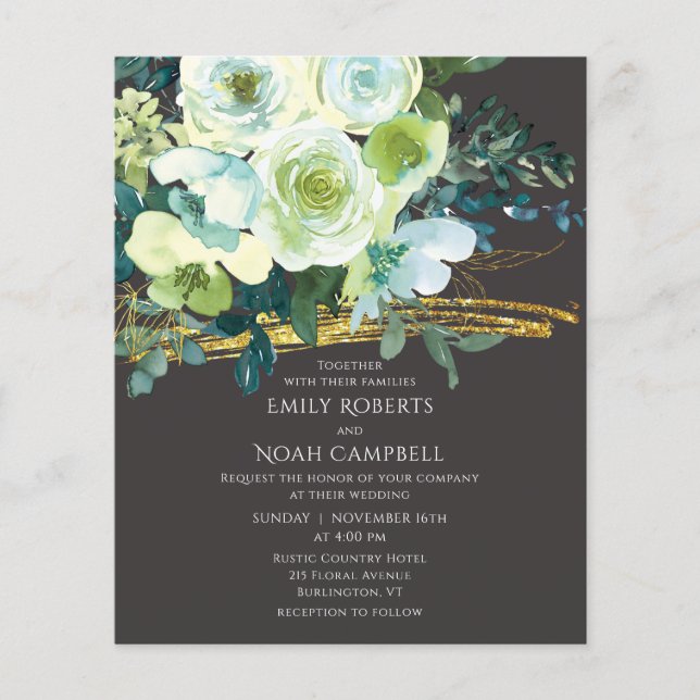 Budget Turquoise Green Floral Gold Glitter Wedding (Front)