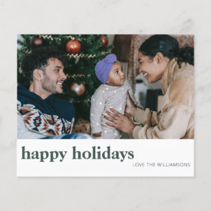 Budget Two Photo Minimal Green Happy Holidays Card
