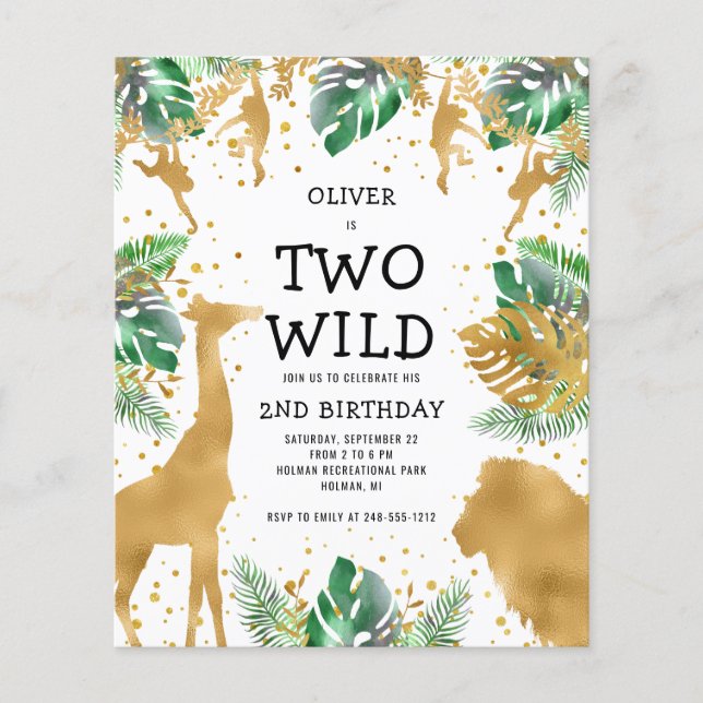 Budget Two Wild Green Gold 2nd Birthday Invitation (Front)