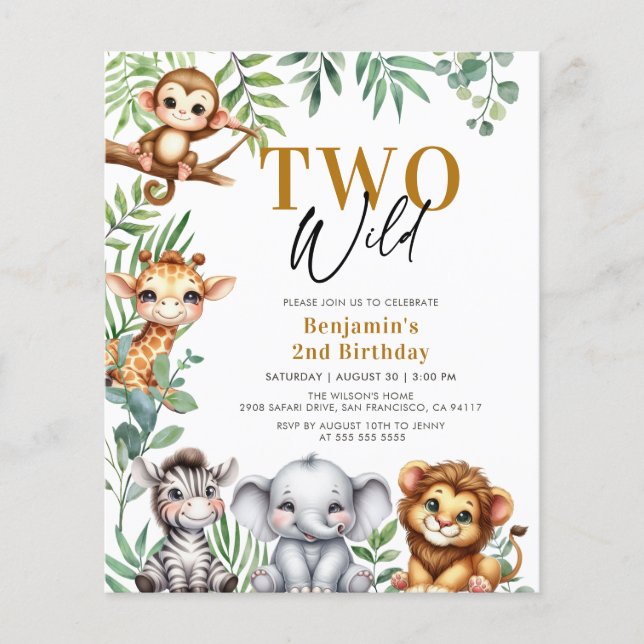 Budget Two Wild Safari Animals 2nd Birthday Invite (Front)
