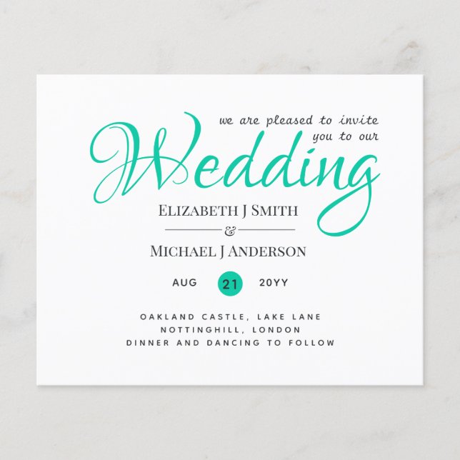 Budget TYPOGRAHY Wedding Invites - Modern TEAL (Front)