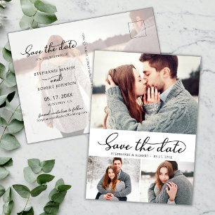 Budget Typography 3 Photo Collage Save The Date Announcement Postcard