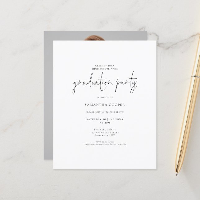 Budget Typography Photo Grad Party Invitation (Front/Back In Situ)