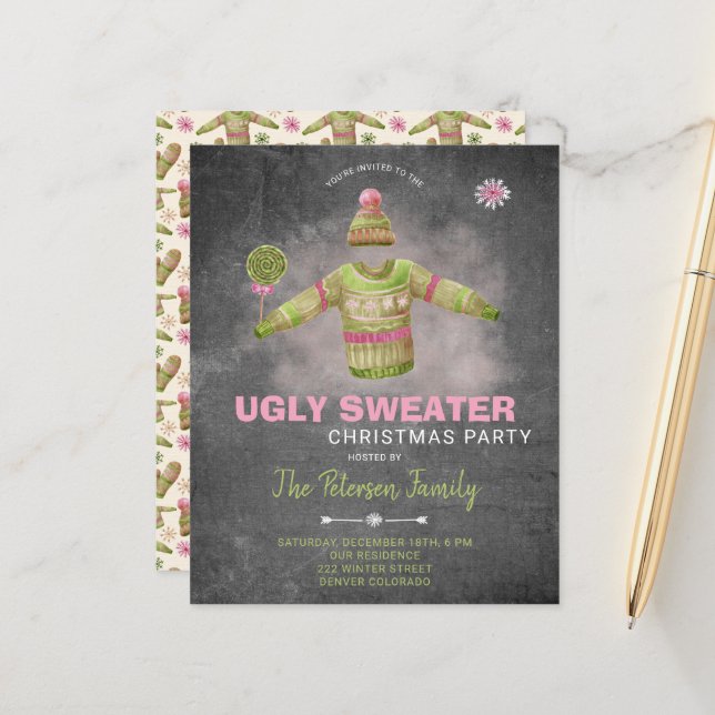 Budget ugly sweater Christmas party invitation (Front/Back In Situ)