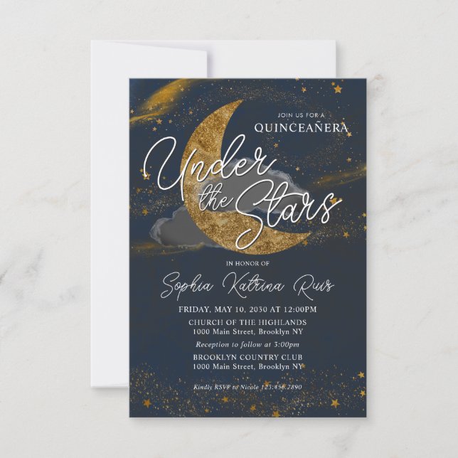Budget Under the Stars Blue Gold Moon Quinceanera Card (Front)