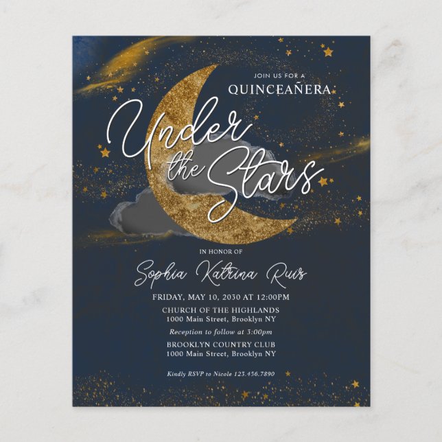Budget Under the Stars Blue Gold Moon Quinceanera Flyer (Front)