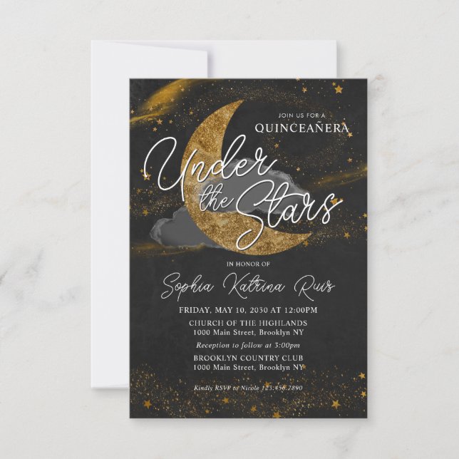 Budget Under the Stars Gold Moon Glam Quinceanera Card (Front)