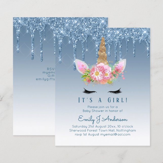 Budget Unicorn Baby Shower Blue Girls Cute (Front/Back)