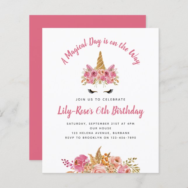BUDGET Unicorn Face Floral Birthday Invitation (Front/Back)