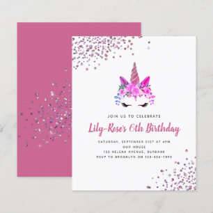 BUDGET Unicorn Face Glitter Birthday Invitation