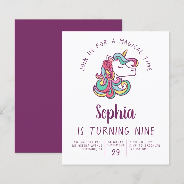 Budget Unicorn Kid's Birthday Party Invitation (Front/Back)