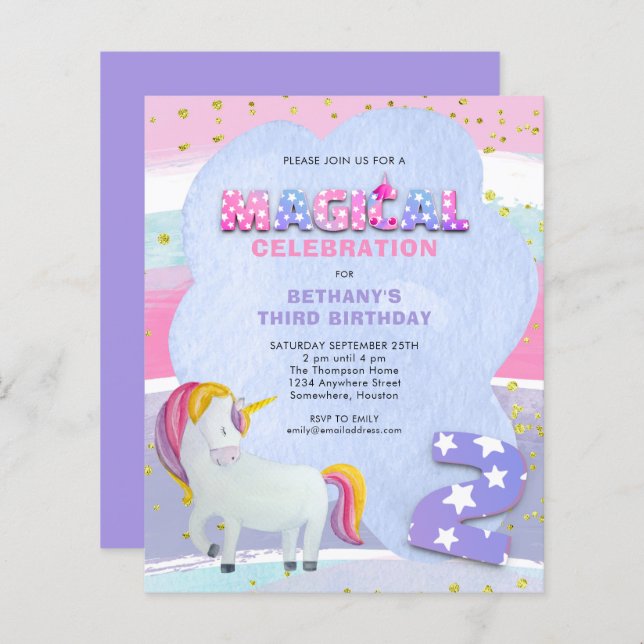 Budget Unicorn Magical 3rd Birthday Invitation (Front/Back)