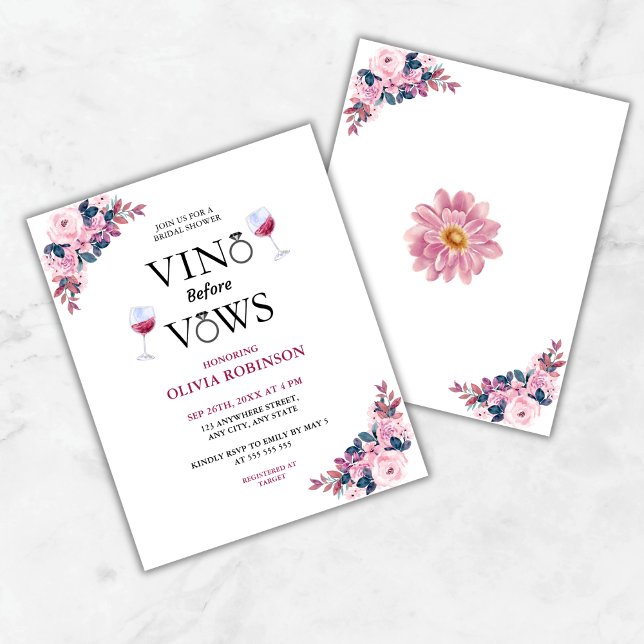 Budget Vino Before Vows Bridal Shower Invitation  Flyer (Budget Vino Before Vows Floral Wine Theme Bridal Shower Invitation )